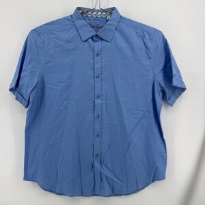 Robert Graham Button Front Shirt Mens 2XL Blue Solid Cotton Short Sleeve Classic